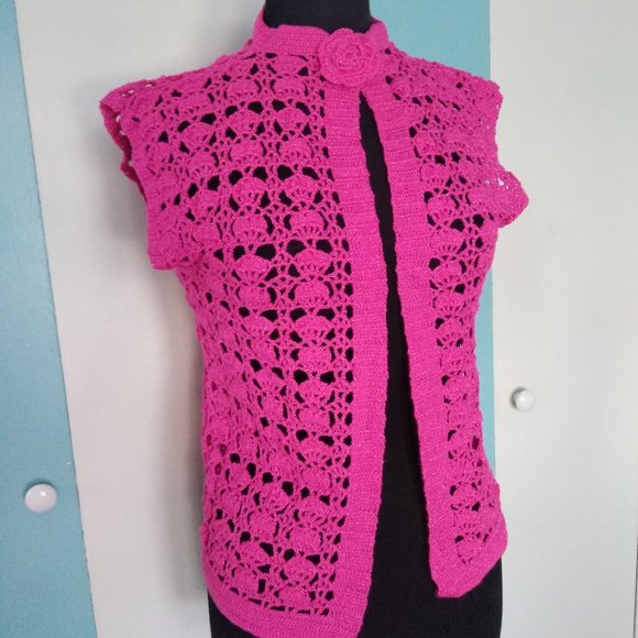 Handmade Crochet Hot Pink Vest w/ Crochet Flower - Picture 2 of 9